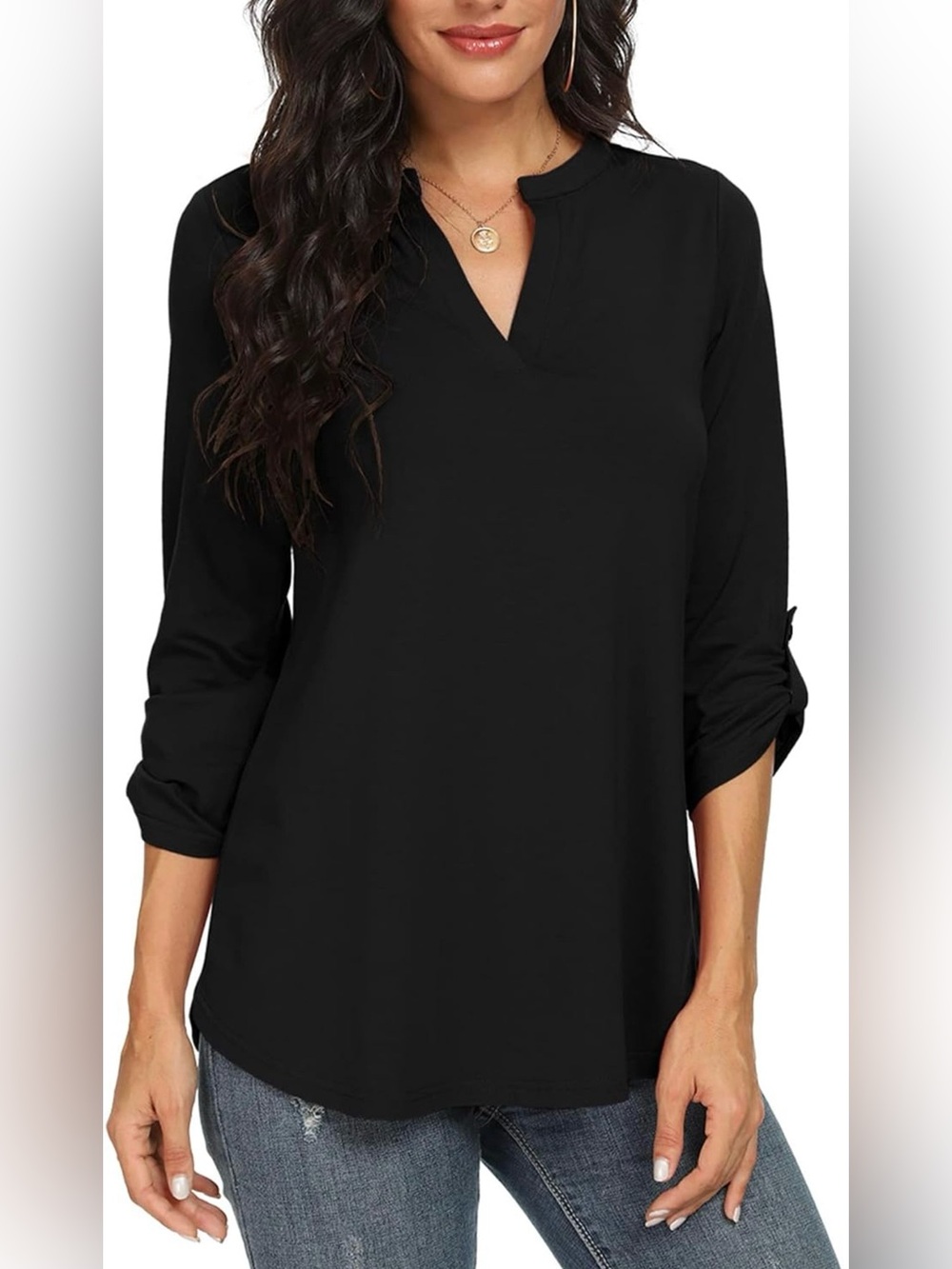Women’s Black V-Neck Roll Sleeve Blouse